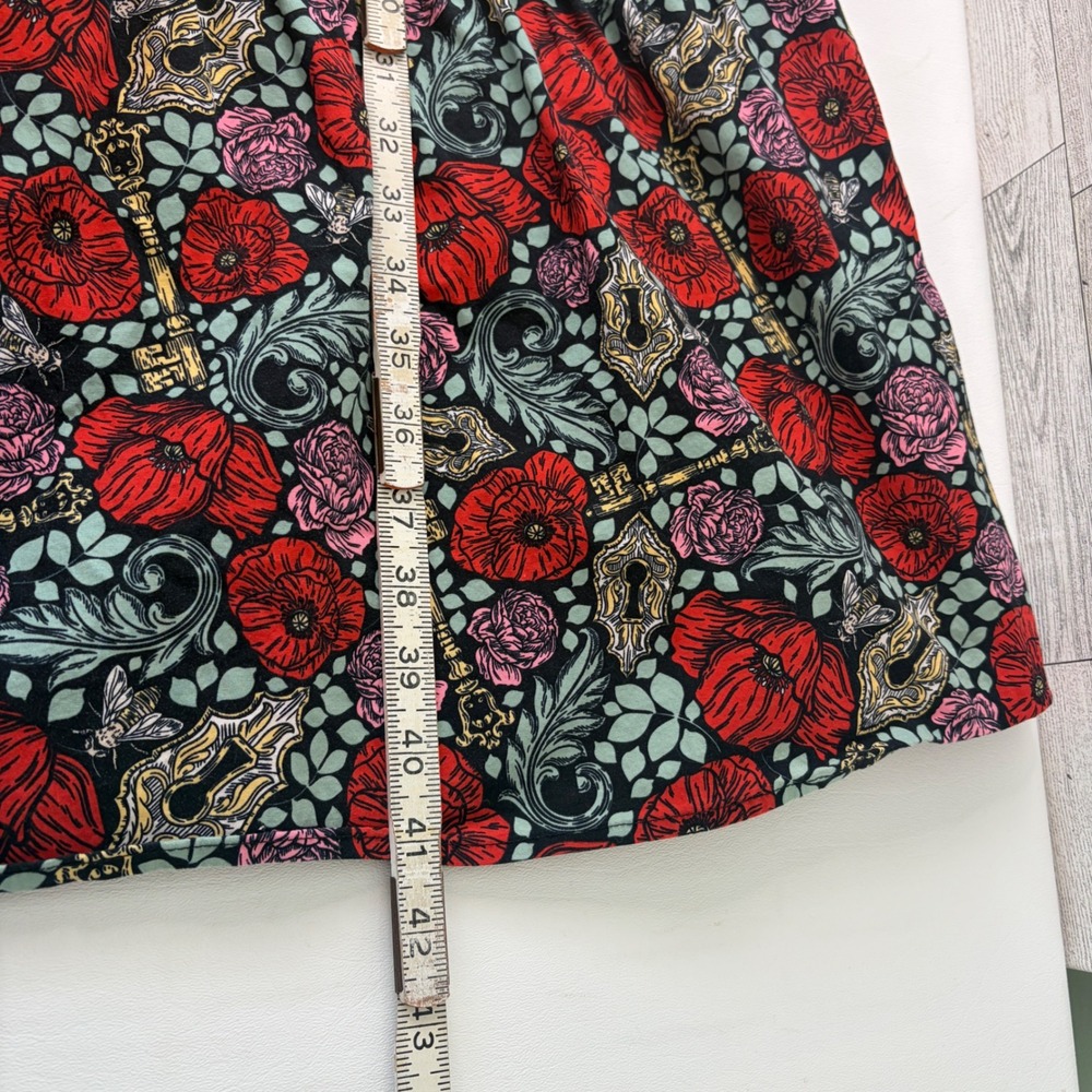 Joanie Midi Dress Women 10 Black Red Floral Key Print Square Neck Puff Sleeve - Picture 6 of 9